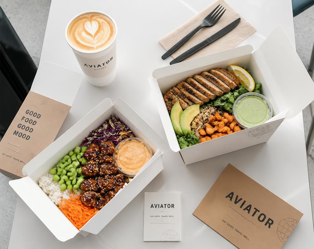 Freshly packed airport meal boxes with coffee