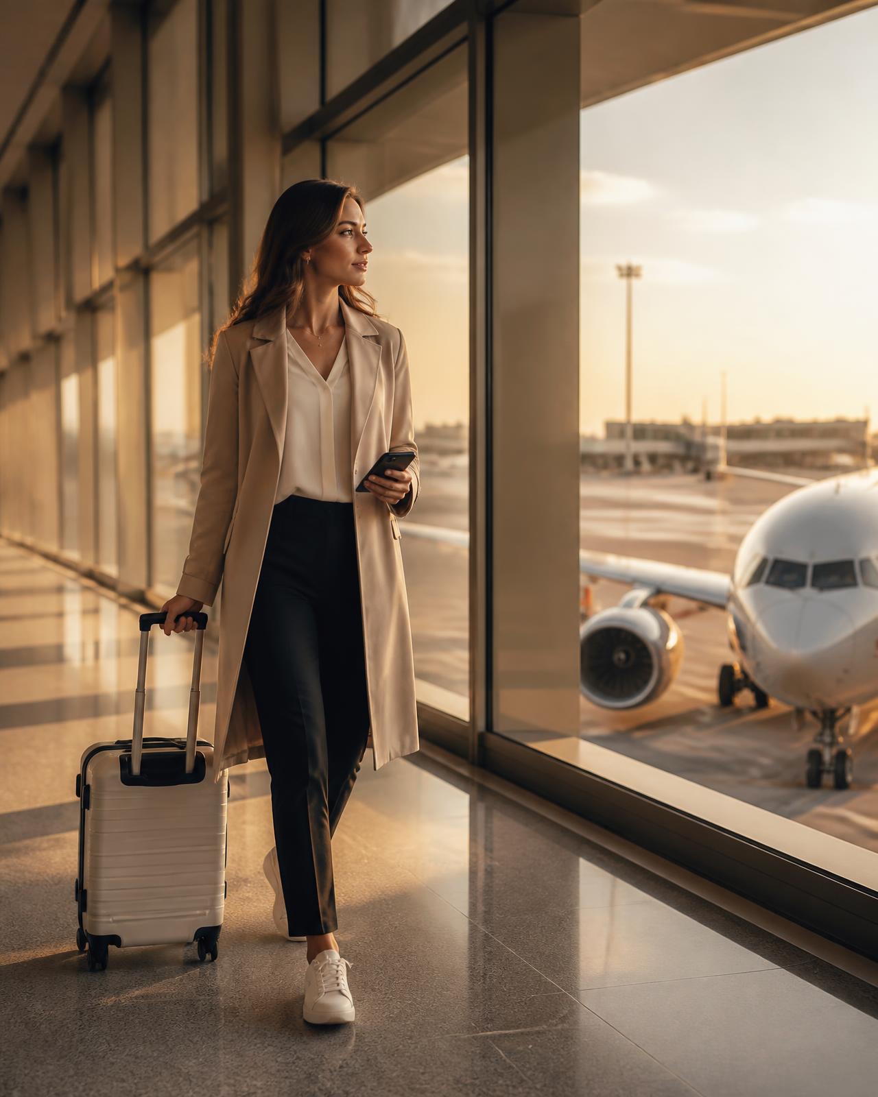 Traveller walking through a modern international airport terminal at sunset