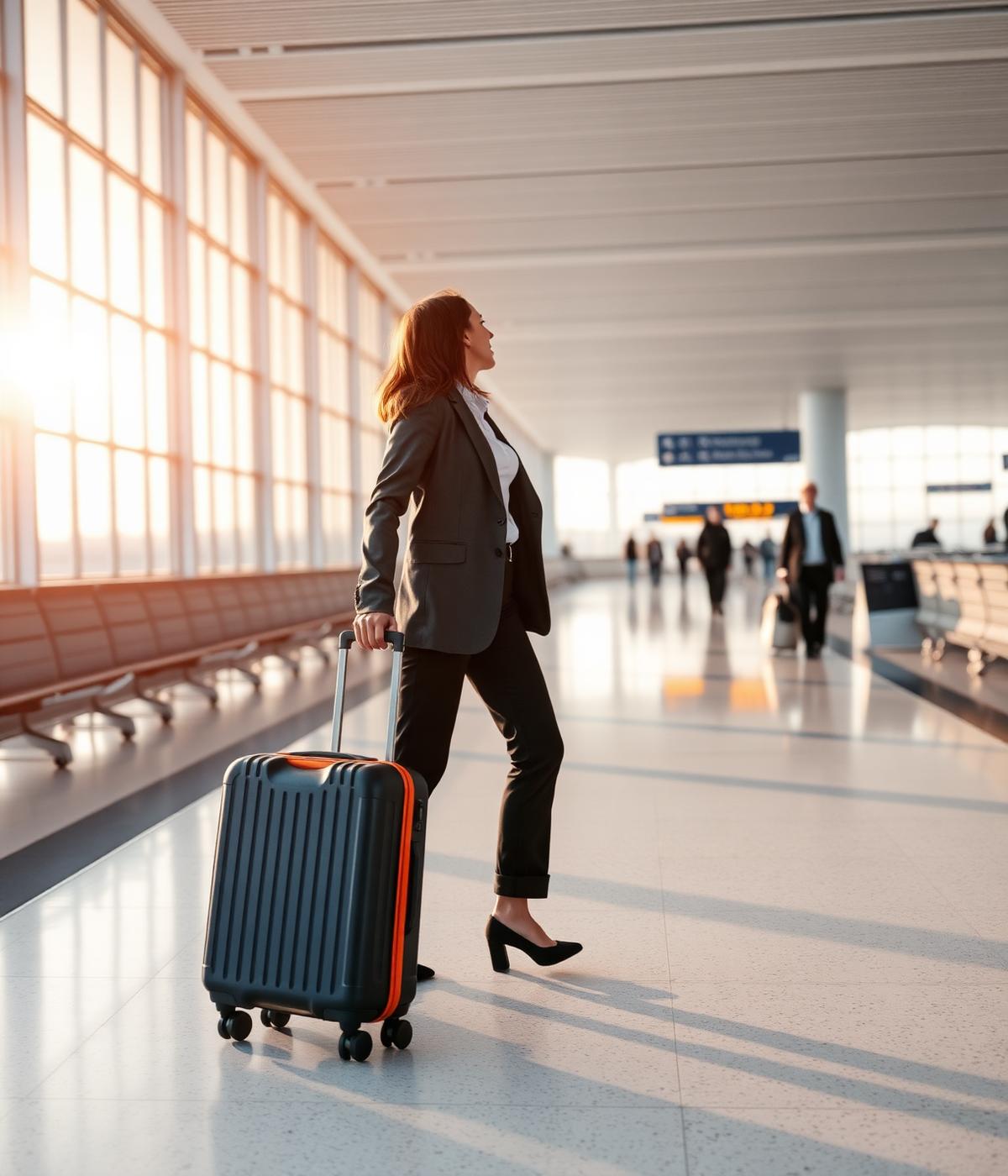 Traveller walking through a bright airport terminal
