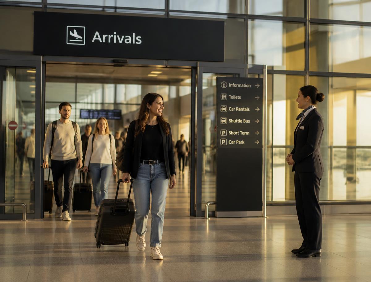 Passengers walking out of the arrivals gate with suitcases as an airport staff member waits nearby
