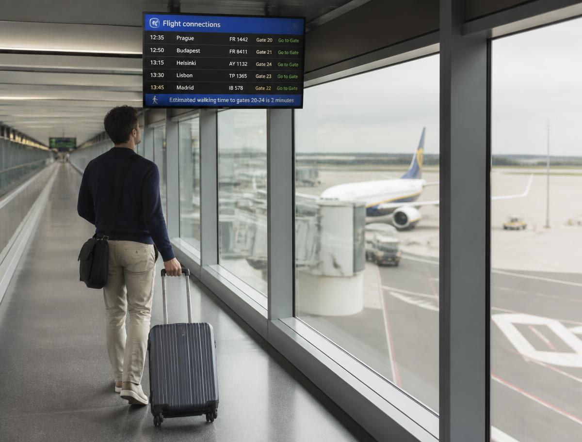 Traveller with a cabin bag checking a connecting flights display board in an airport corridor