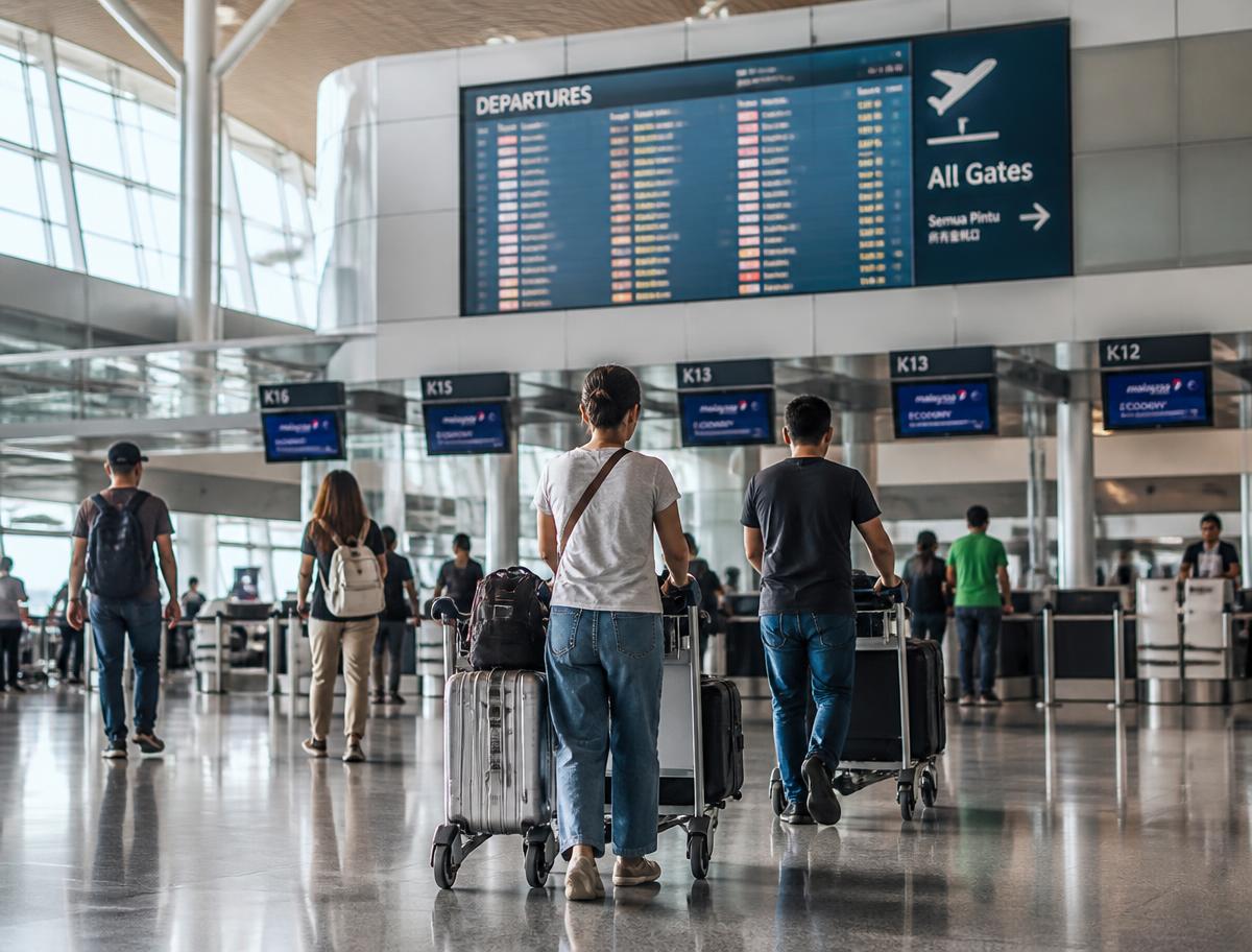 Travellers with luggage trolleys walking towards check-in counters in a departures hall