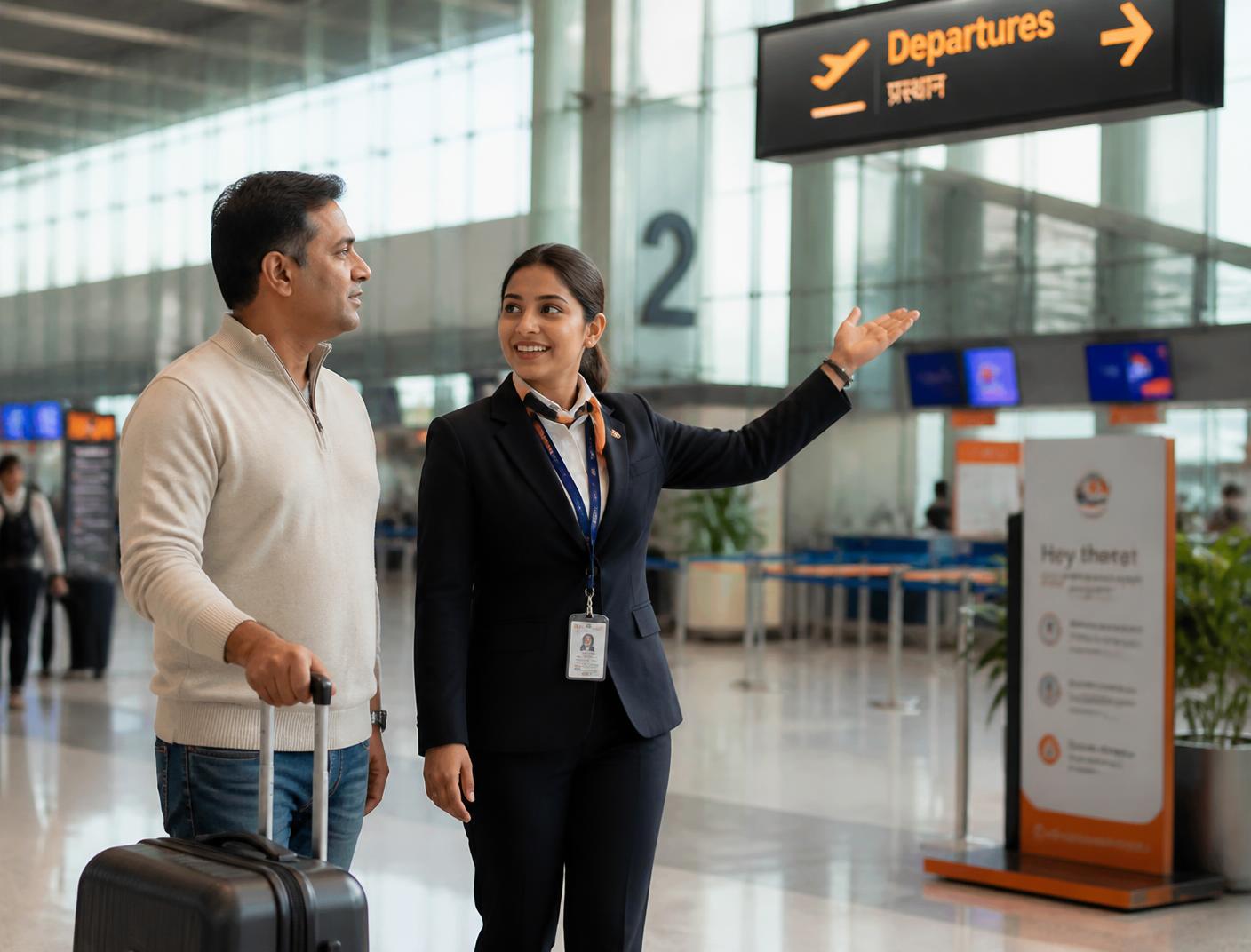 Airport representative in uniform guiding a traveller with a suitcase towards departures inside a modern airport terminal
