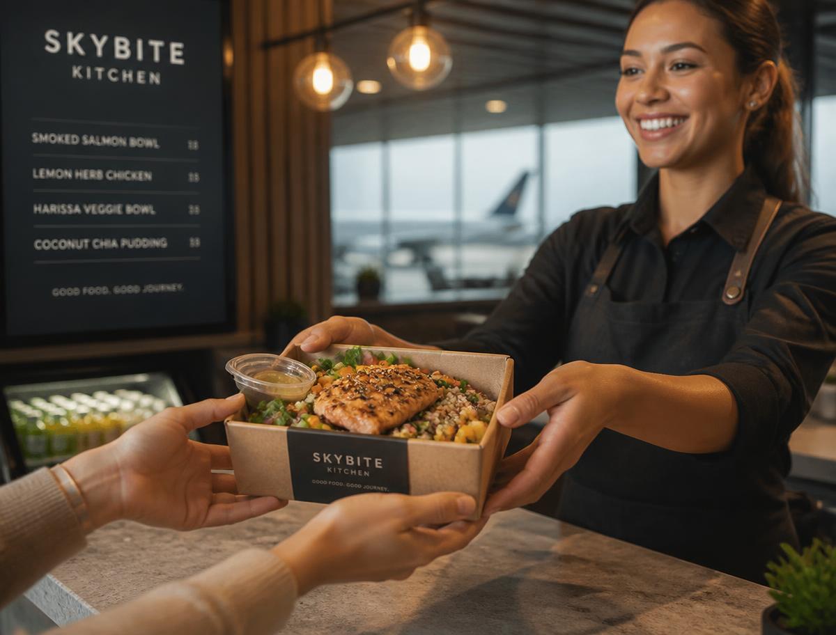 Airport restaurant staff handing over a freshly packed meal
