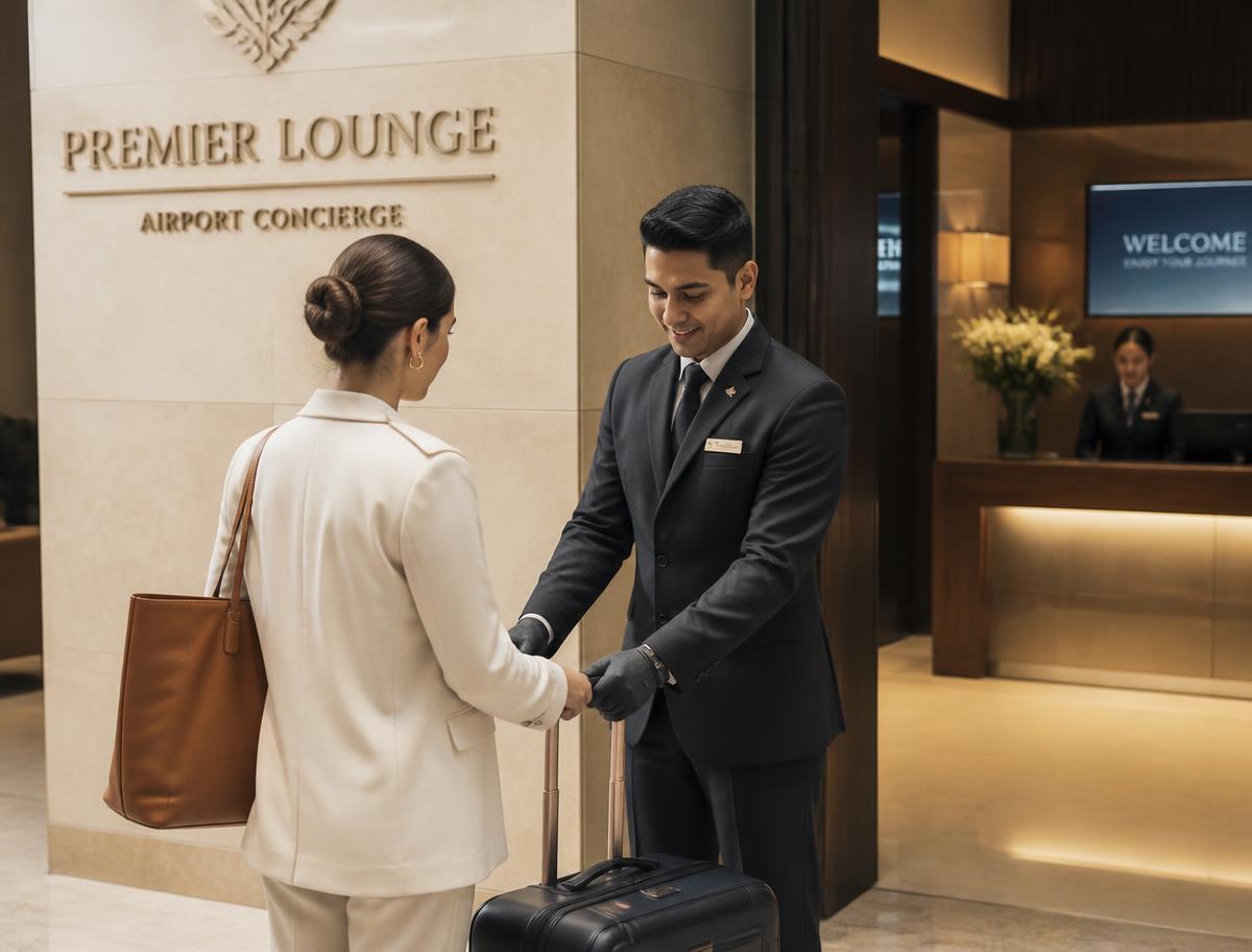 Airport concierge assisting a traveller at a premium lounge entrance