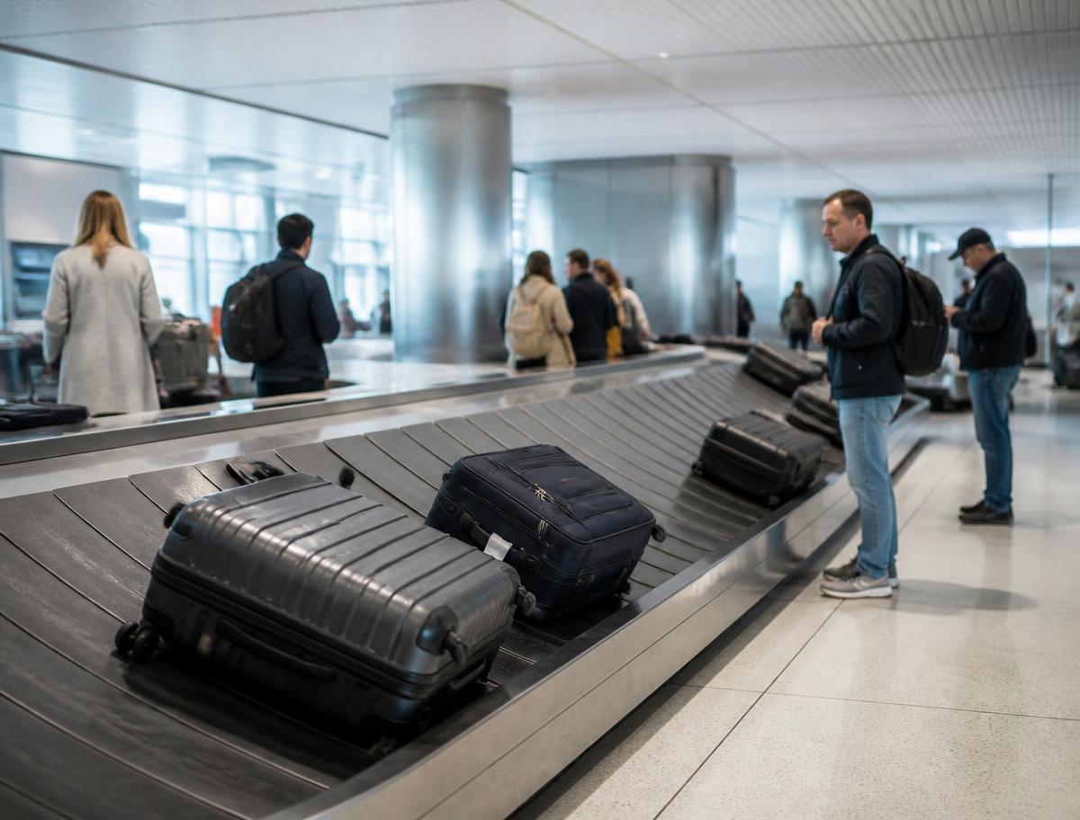 Suitcases on an airport baggage claim carousel with travellers collecting bags