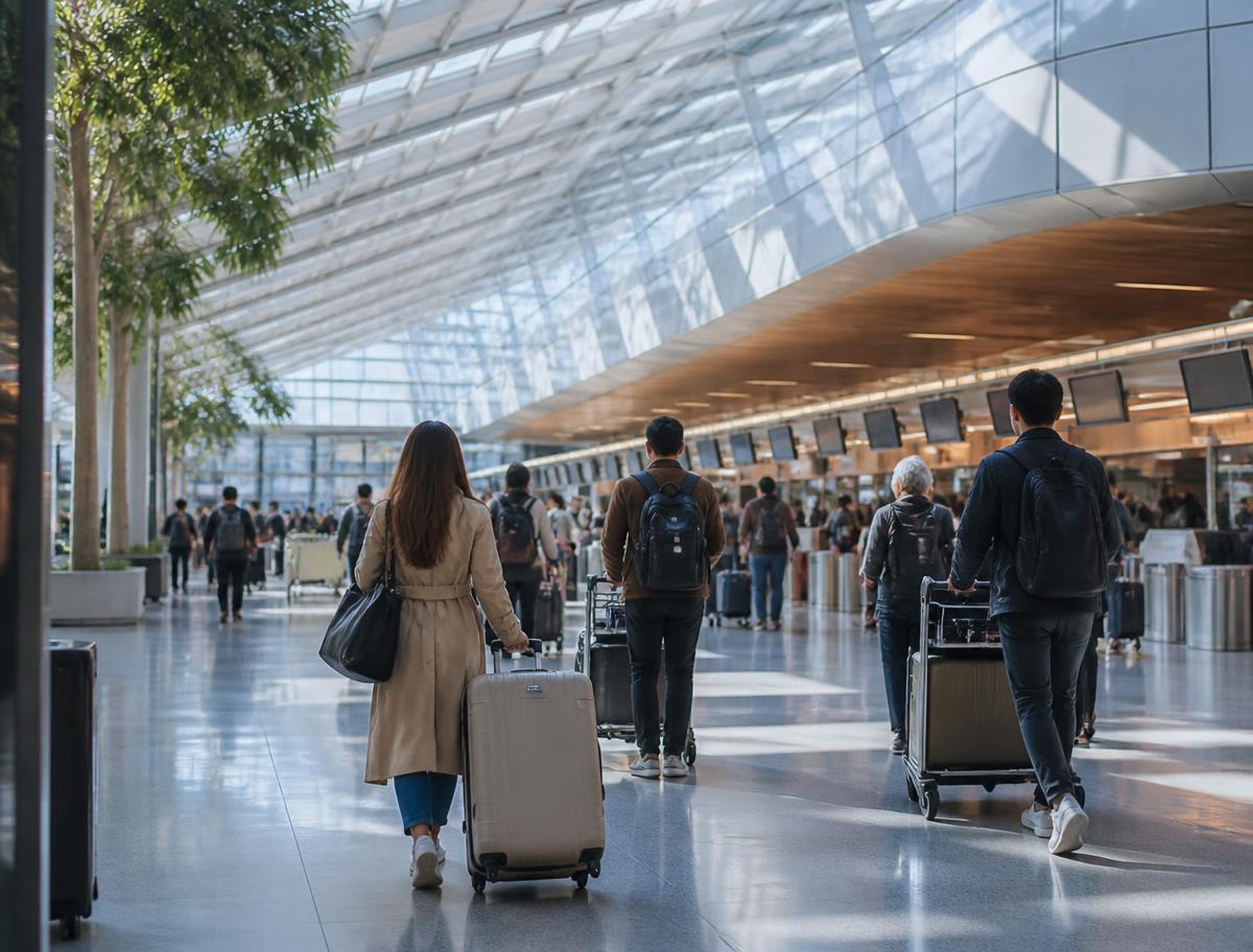 Travellers walking with luggage trolleys through a modern airport departures hall