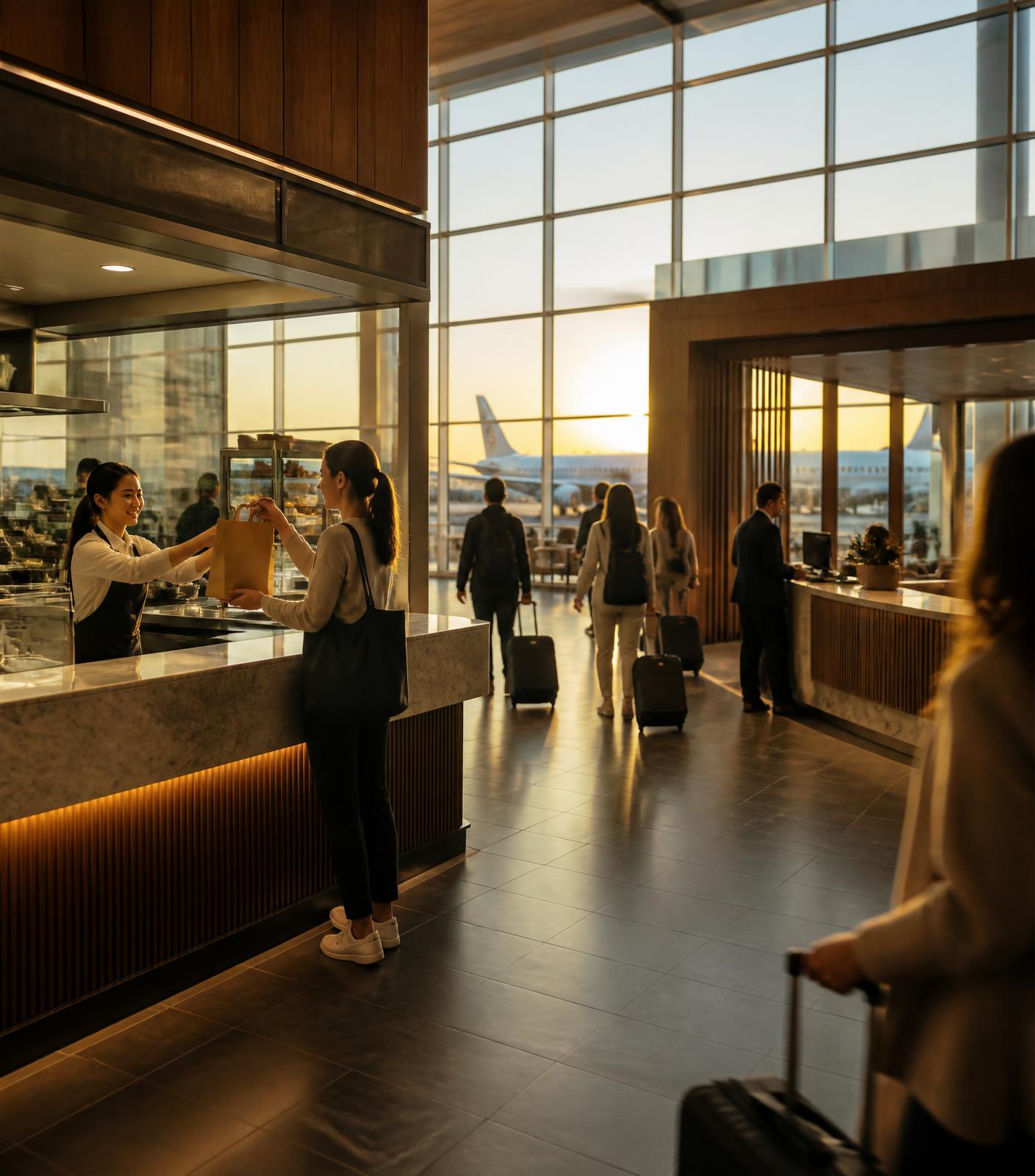 Traveller collecting a pre-ordered meal at an airport restaurant counter