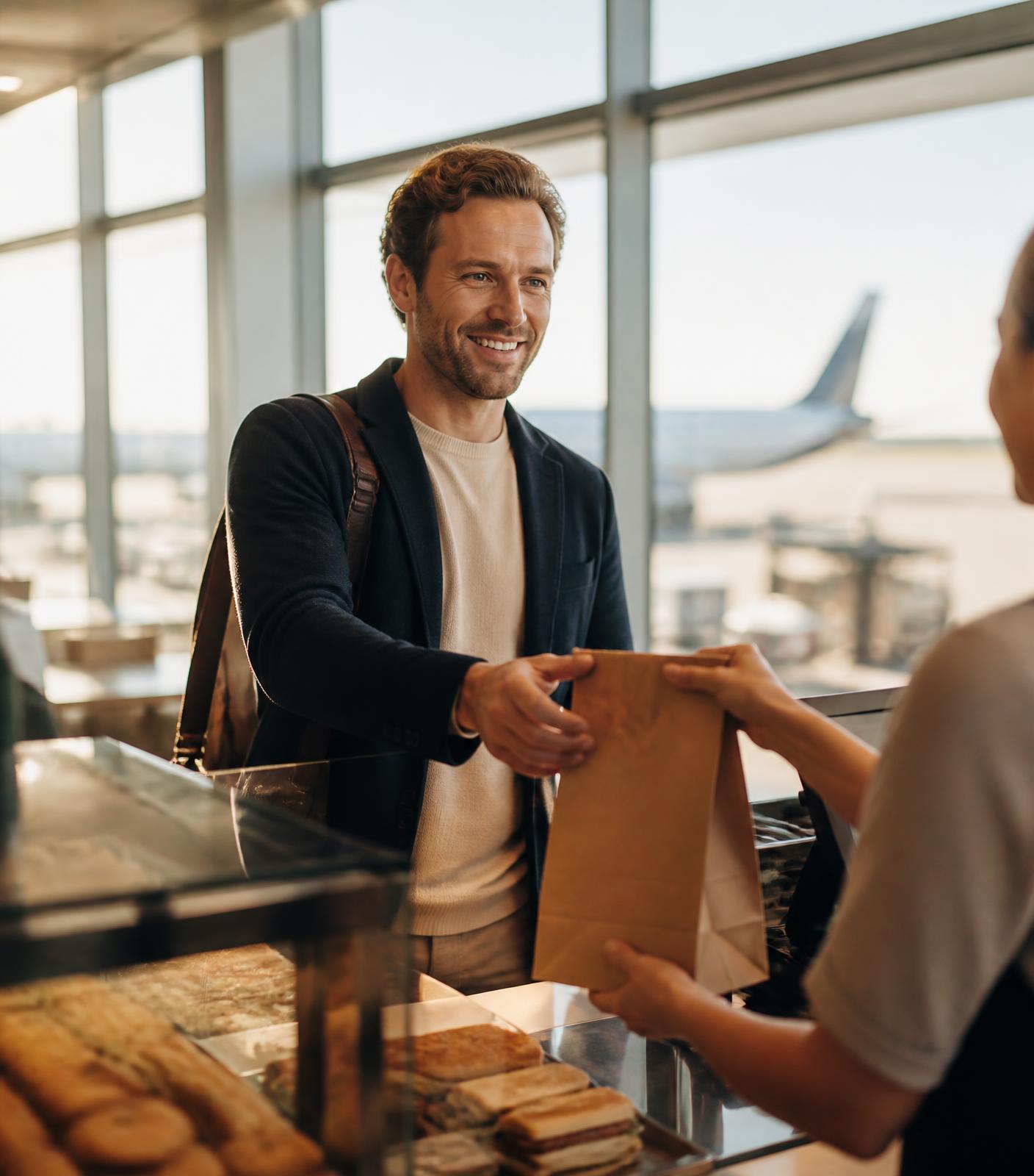 Traveller collecting a food order at an airport restaurant counter