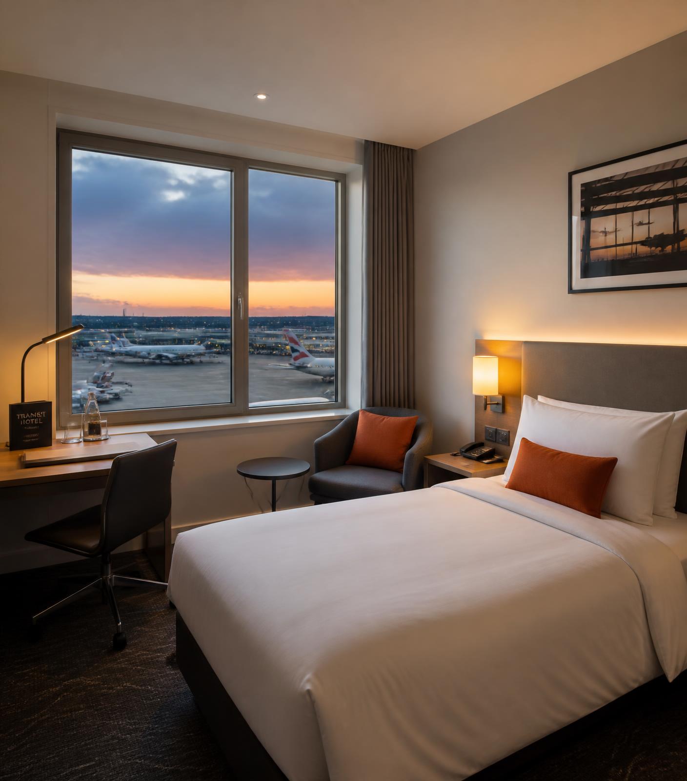 Modern airport transit hotel room with a neatly made bed, work desk and a window overlooking aircraft at dusk