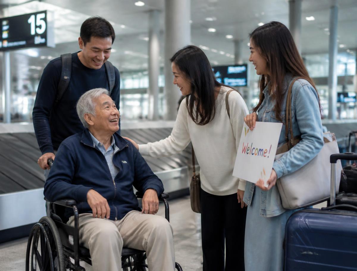 Older traveller using a wheelchair being welcomed by family in an airport arrivals area