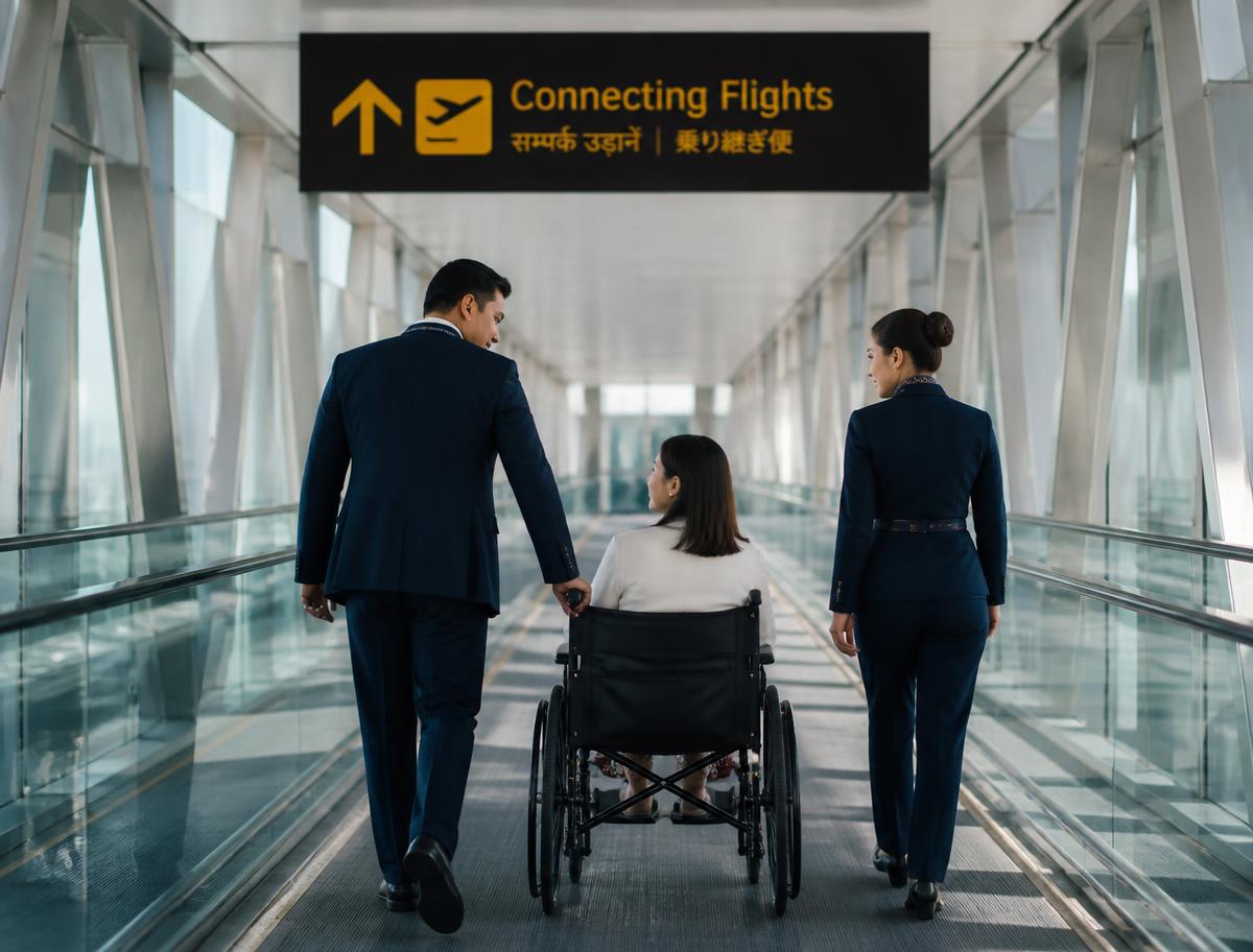 Traveller using a wheelchair moving along an airport connecting-flights walkway with assistance staff