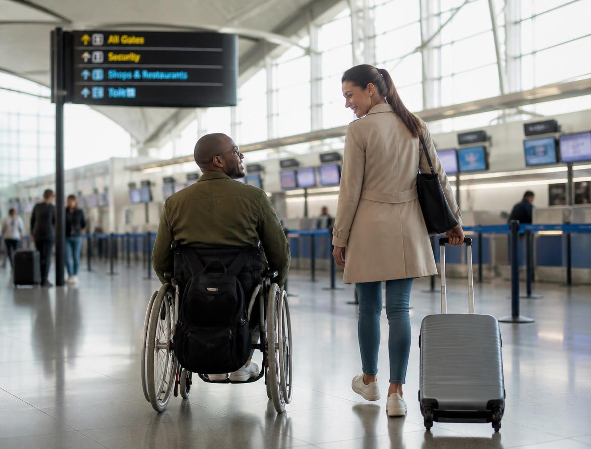 Traveller using a wheelchair heading towards airport check-in counters alongside a companion