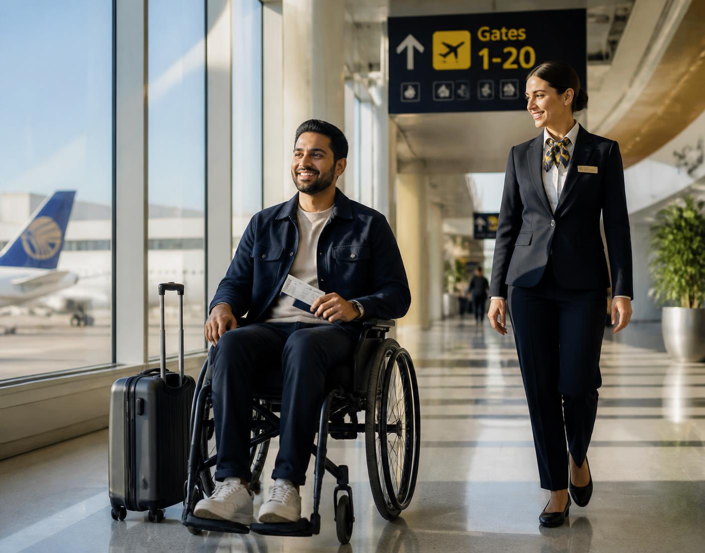 Traveller using a wheelchair moving confidently through a bright airport terminal with an airport assistance professional walking alongside
